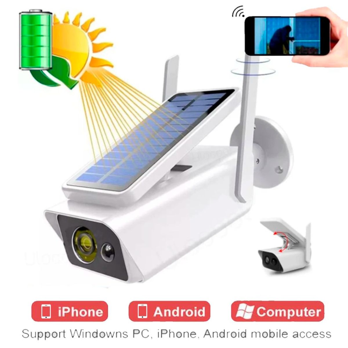 GENERICO - Cámara De Vigilancia Solar Exterior 1080p Recargable Con Visión Nocturna