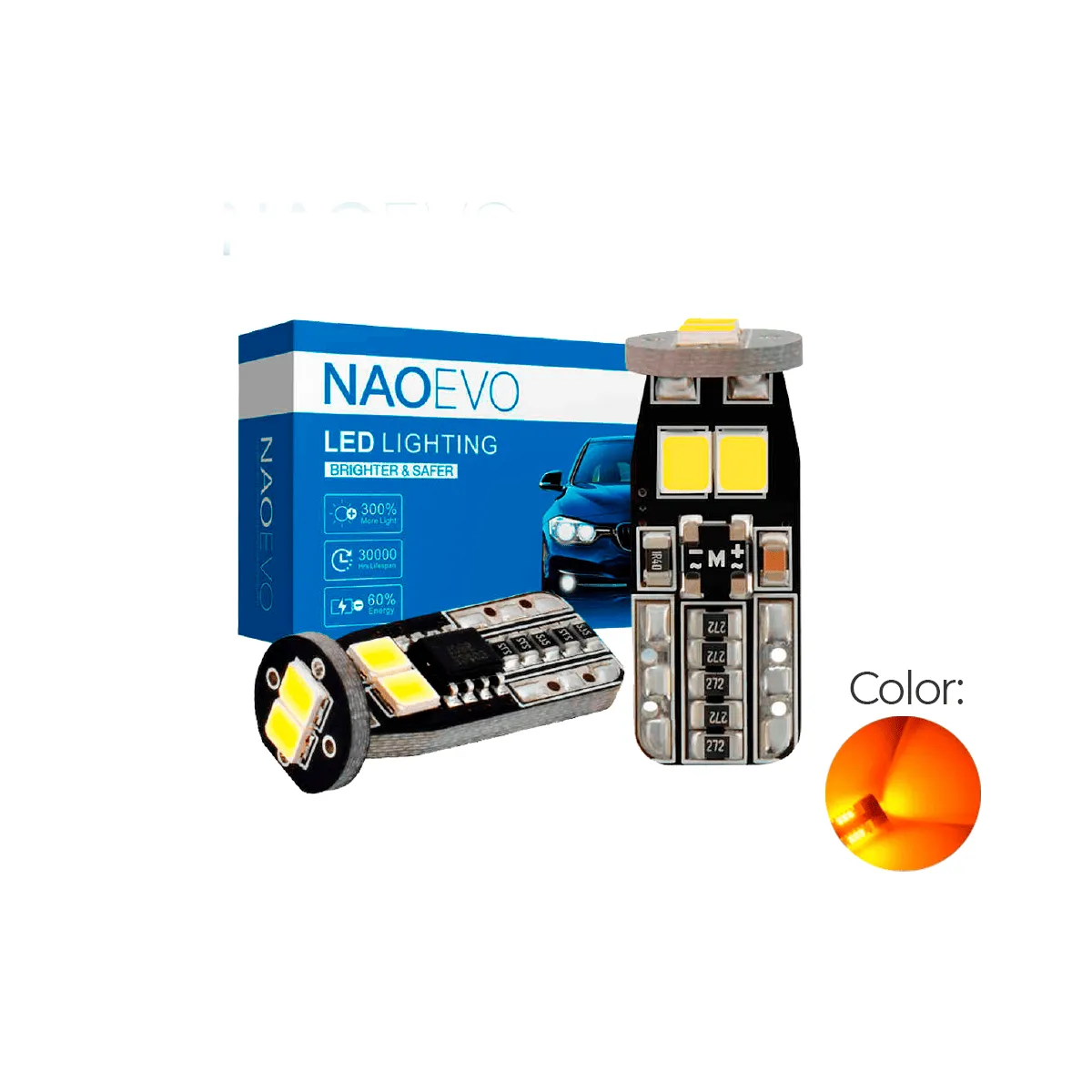 NAOEVO - Luz Led T10 CANBUS Luz Ámbar W5W Lágrima 600LM NAOEVO