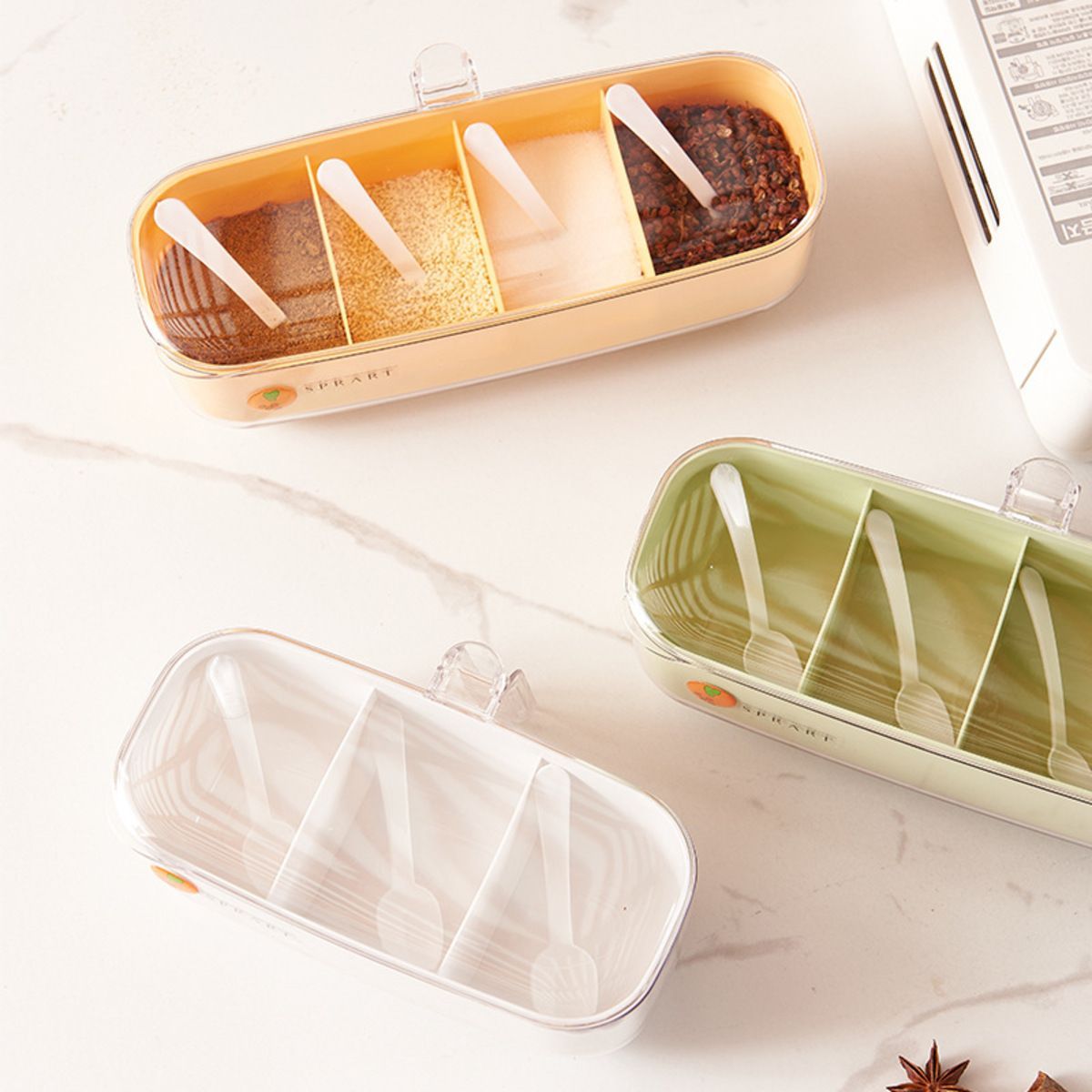 ELMEJORPRECIO - Condimentero De 3 Divisiones Con Tapa Y Cucharitas Blanco