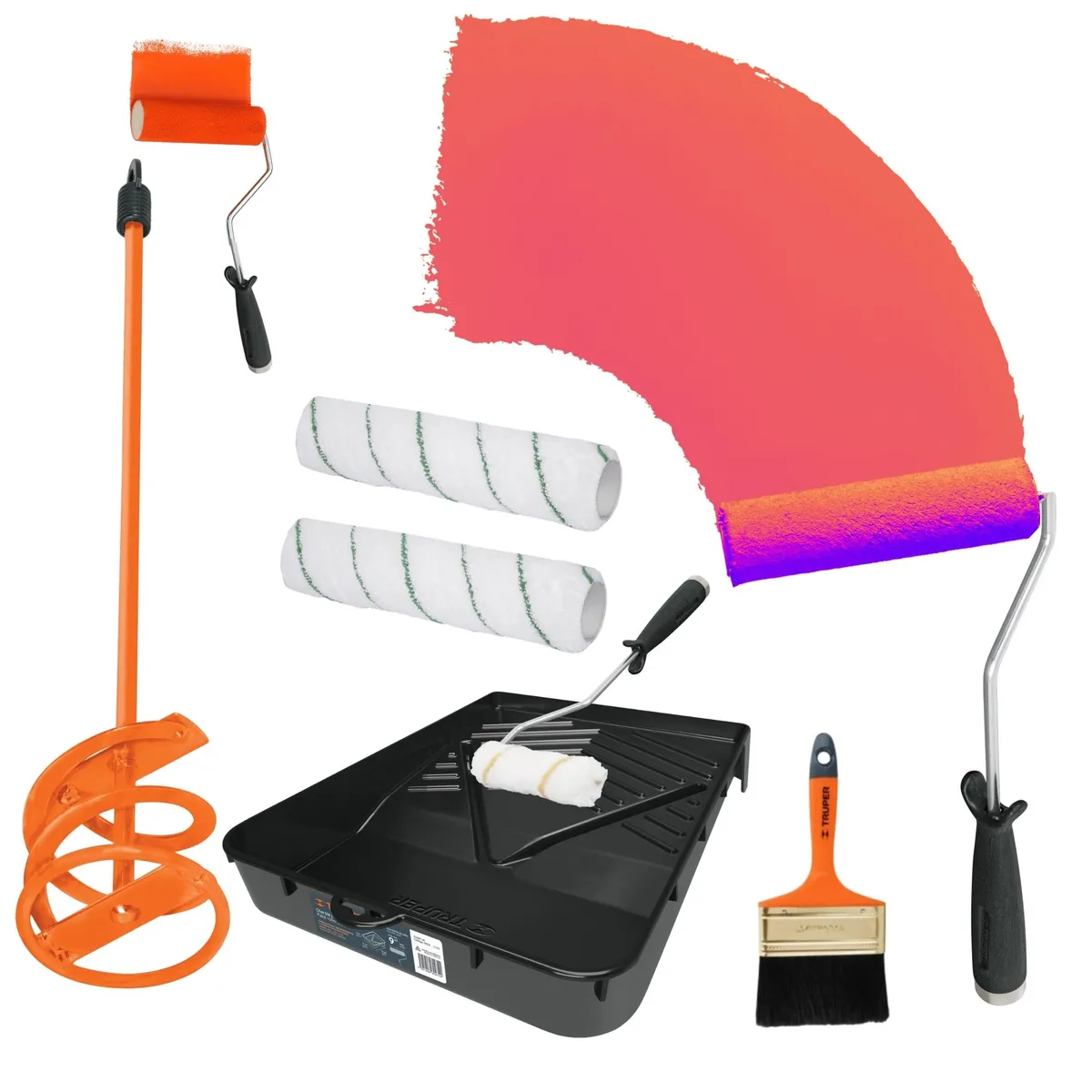 TRUPER - kit Rodillo para pintar 4 unidades, 1 revolvedor, 1 Bandeja, 1 Brocha