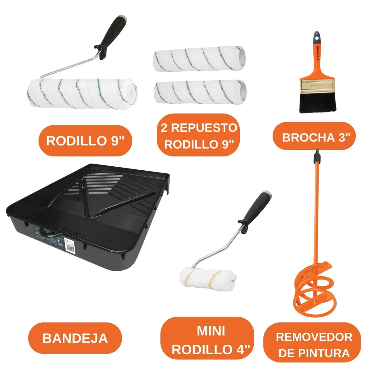 TRUPER - kit Rodillo para pintar 4 unidades, 1 revolvedor, 1 Bandeja, 1 Brocha