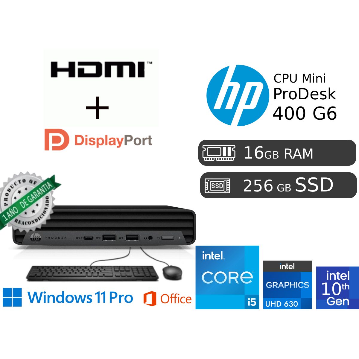 HP - ProDesk Mini 400 G6 i5 10ma 16GB RAM 256GB SSD Reacondicionada 1 Año de garantía HDMI DP