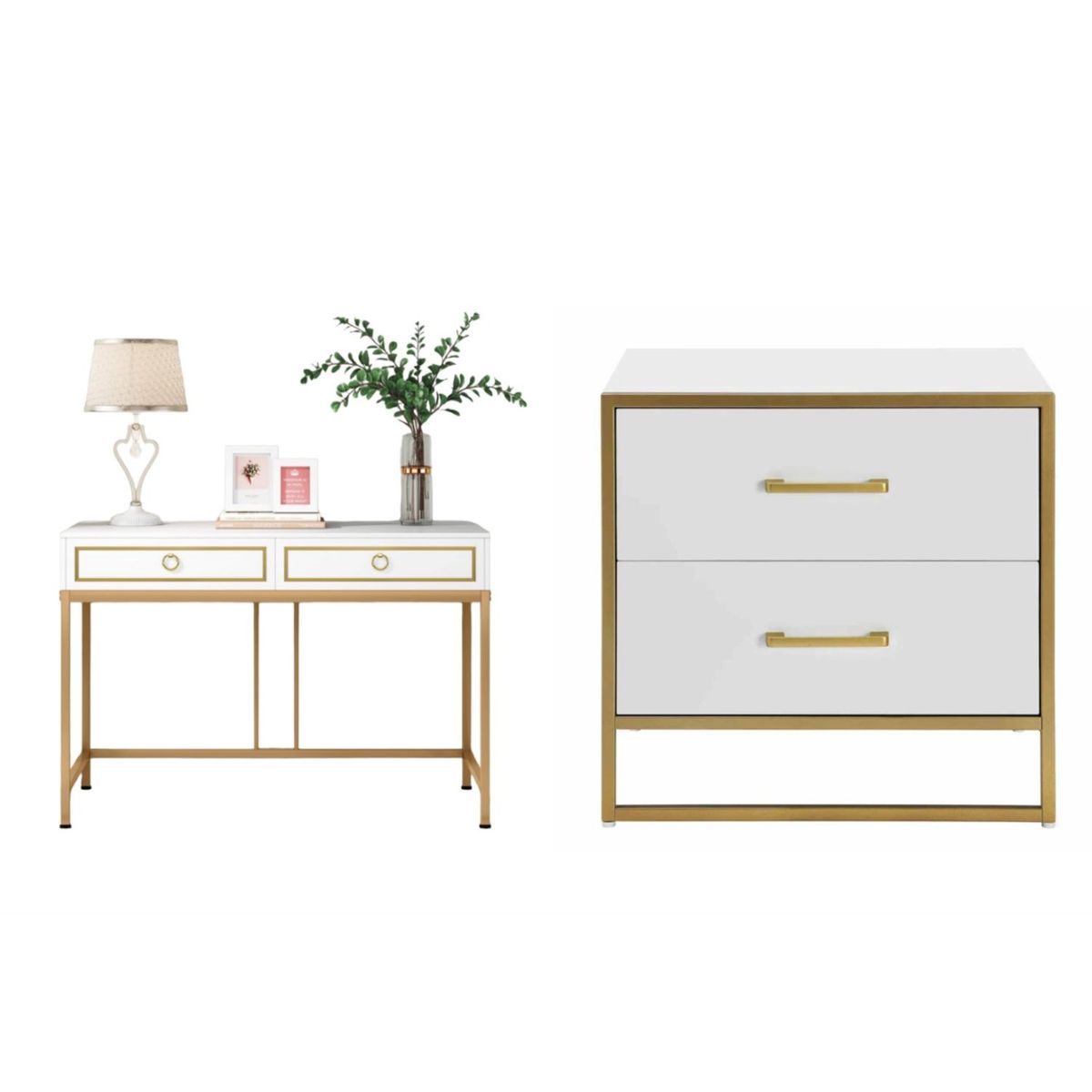 VENTITAS HOME - COMBO Velador Robin y Escritorio Golden Luvellé Blanco y Dorado