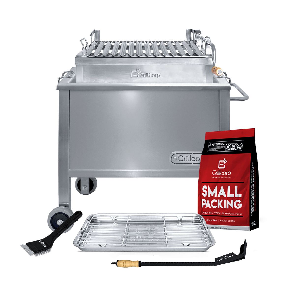 GRILLCORP - Caja China Junior Venecia Inoxidable con Parrilla de levante y Accesorios