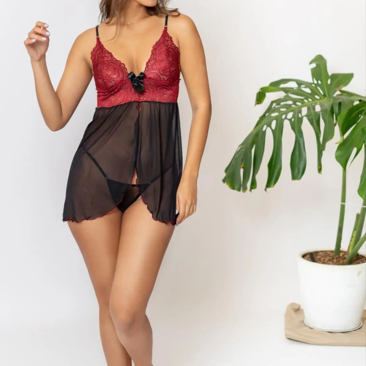 GENERICO - BABYDOLL NEGRO Y ROJO  CON BATA TALLAS S M