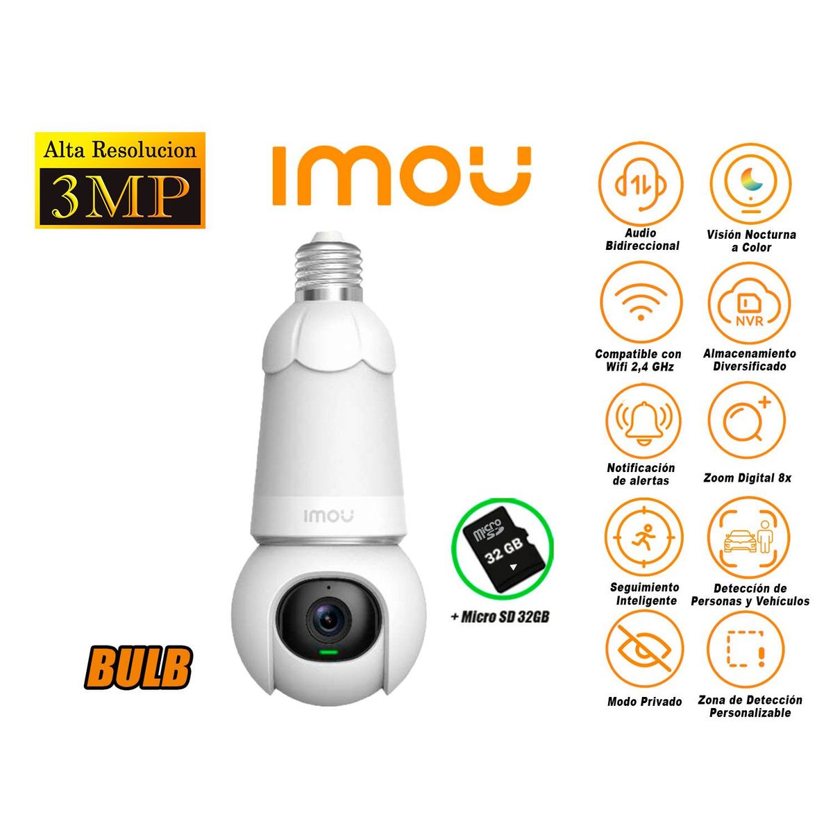 IMOU - Cámara Seguridad Foco Wi-Fi BULB CAM 3MP 360° Noche Color + SD 32GB