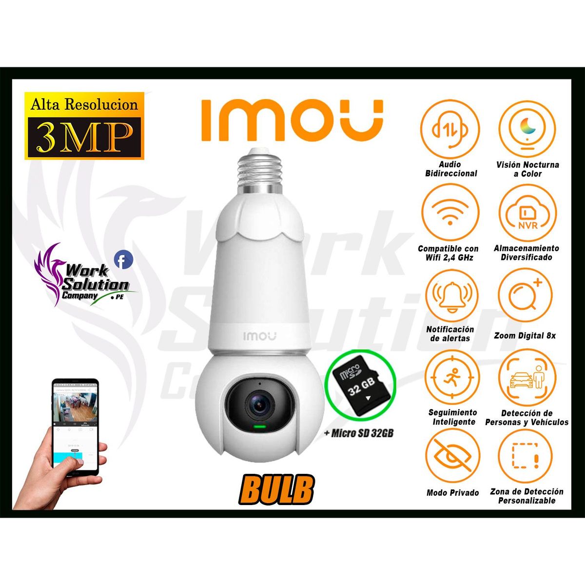 IMOU - Cámara Seguridad Foco Wi-Fi BULB CAM 3MP 360° Noche Color + SD 32GB