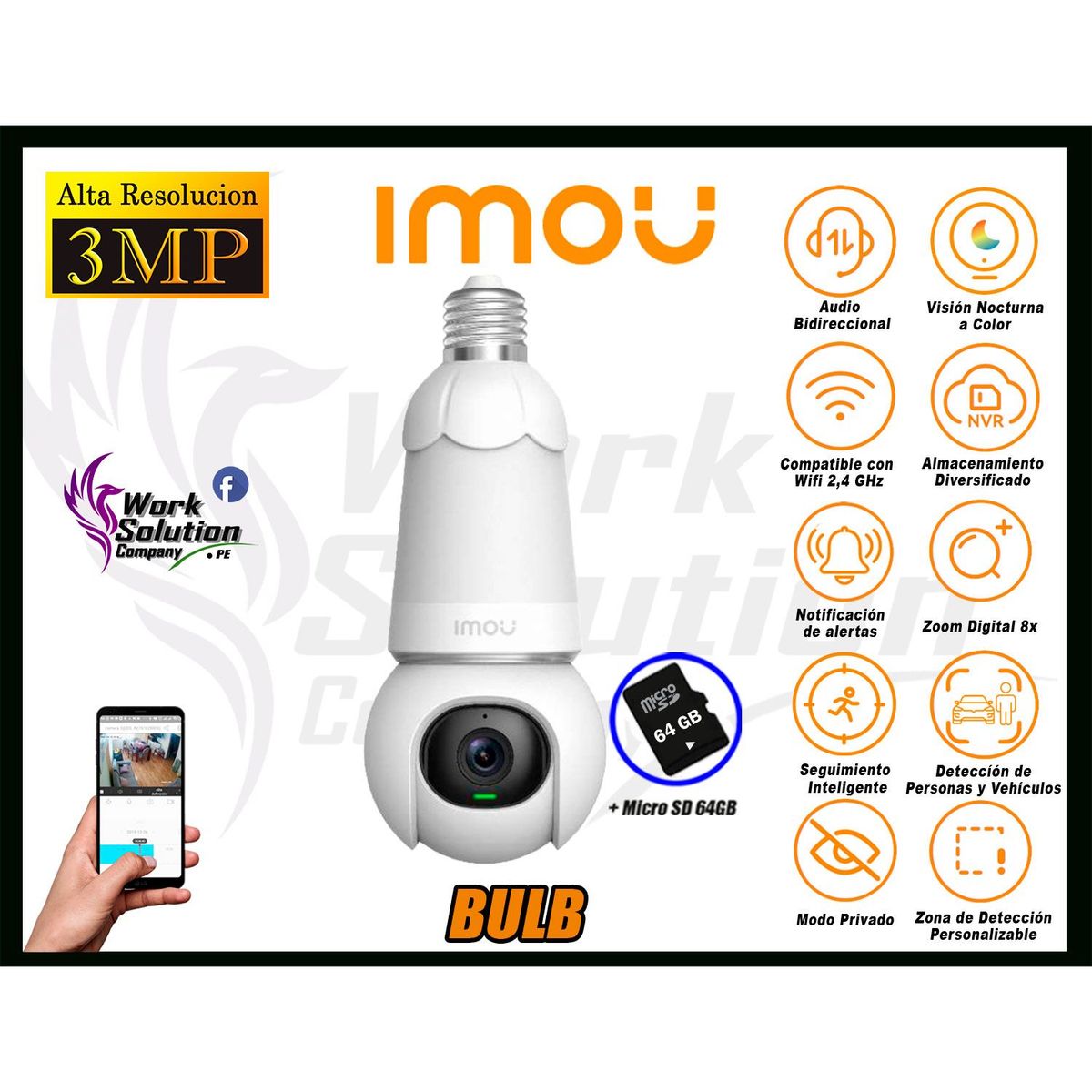 IMOU - Cámara Seguridad Foco Wi-Fi BULB CAM 3MP 360° Noche Color + SD 64GB