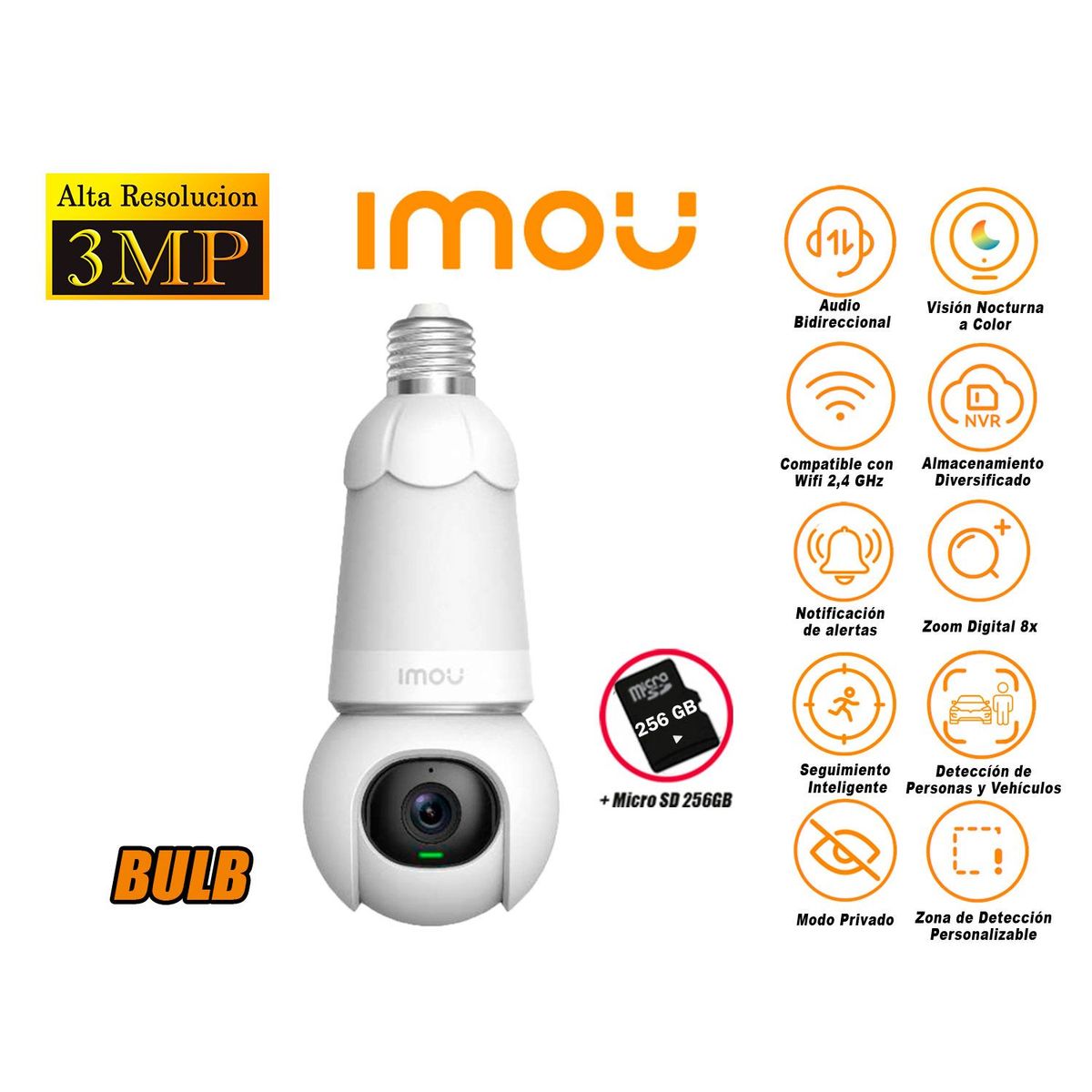 IMOU - Cámara Seguridad Foco Wi-Fi BULB CAM 3MP 360° Noche Color + SD 256GB