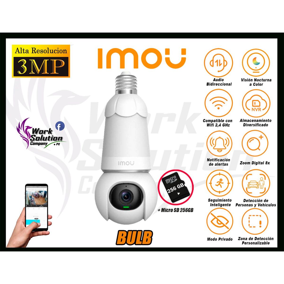 IMOU - Cámara Seguridad Foco Wi-Fi BULB CAM 3MP 360° Noche Color + SD 256GB