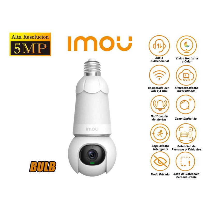 IMOU - Cámara Seguridad Foco Wi-Fi BULB CAM 5MP Giro 360° Noche Color