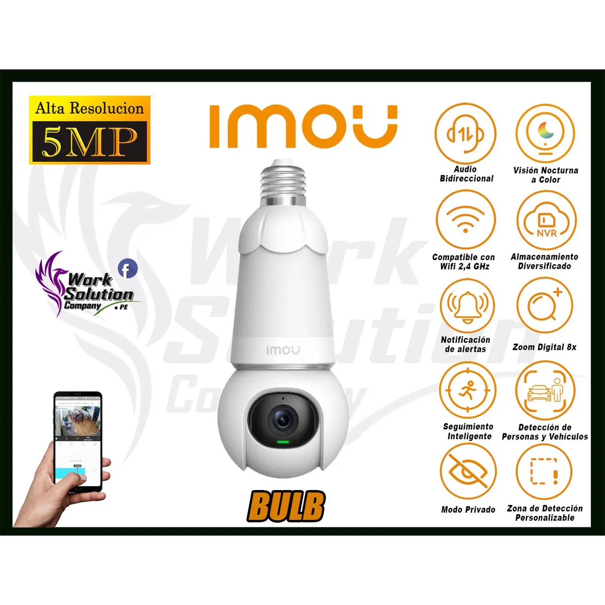 IMOU - Cámara Seguridad Foco Wi-Fi BULB CAM 5MP Giro 360° Noche Color