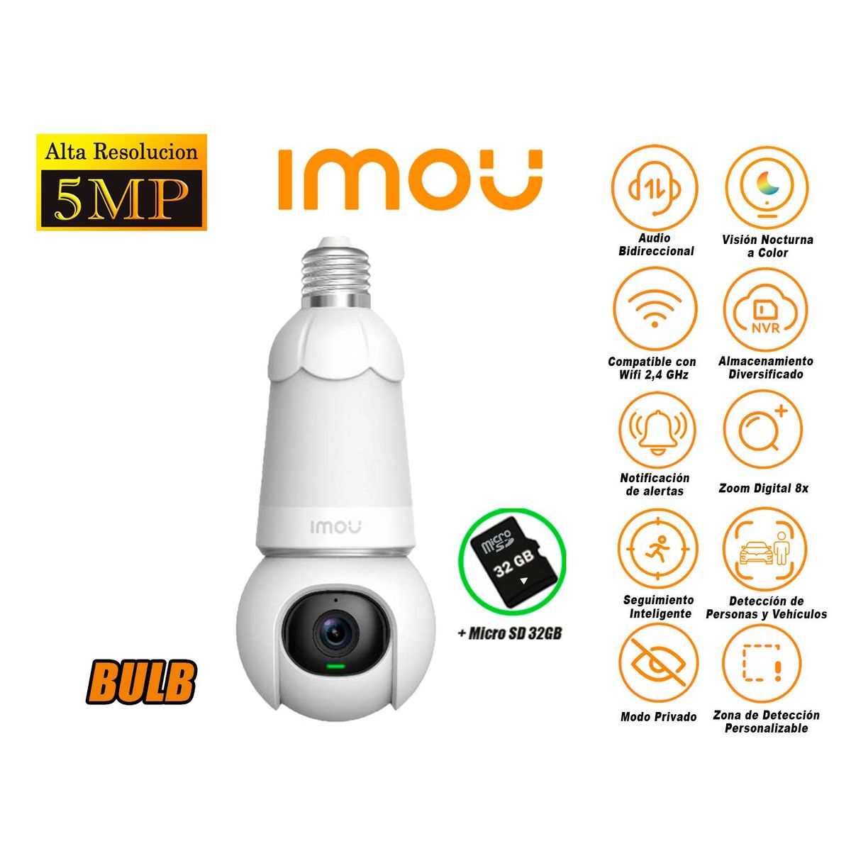 IMOU - Cámara Seguridad Foco Wi-Fi BULB CAM 5MP 360° Noche Color + SD 32GB