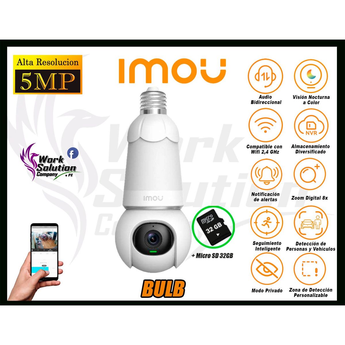 IMOU - Cámara Seguridad Foco Wi-Fi BULB CAM 5MP 360° Noche Color + SD 32GB
