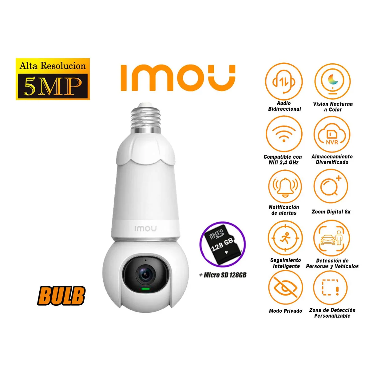 IMOU - Cámara Seguridad Foco WiFi BULB CAM 5MP 360° Noche Color + SD 128GB