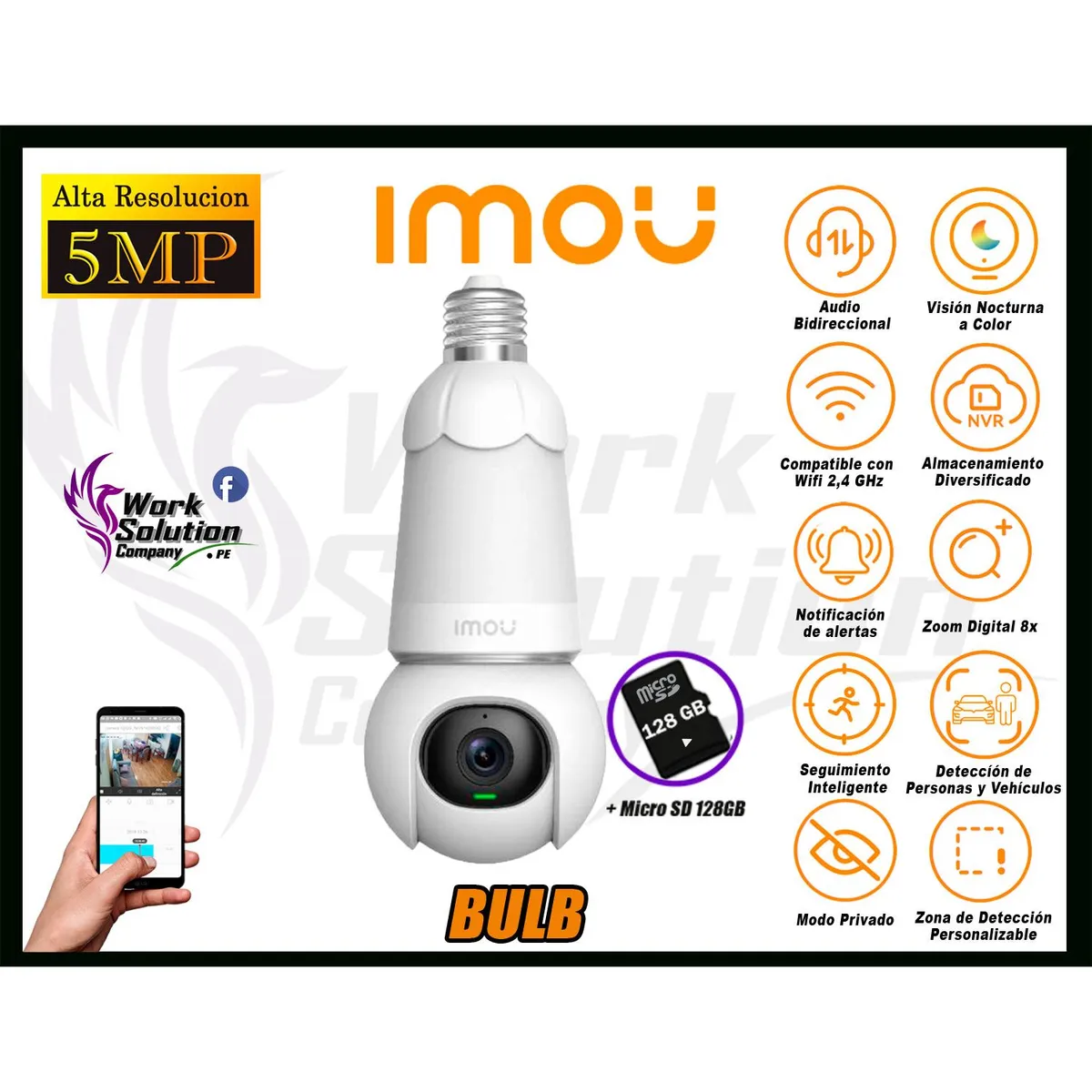 IMOU - Cámara Seguridad Foco WiFi BULB CAM 5MP 360° Noche Color + SD 128GB