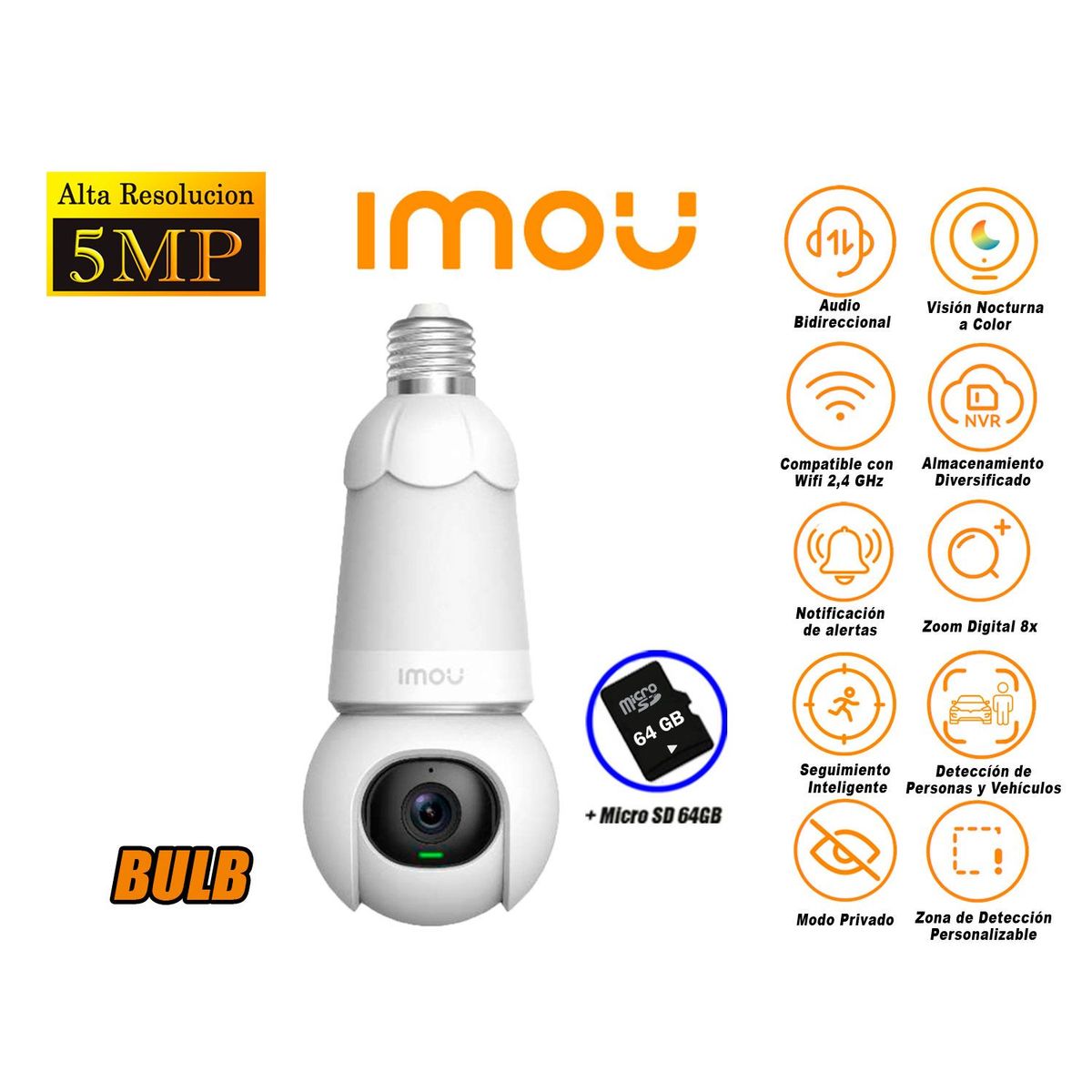 IMOU - Cámara Seguridad Foco Wi-Fi BULB CAM 5MP 360° Noche Color + SD 64GB