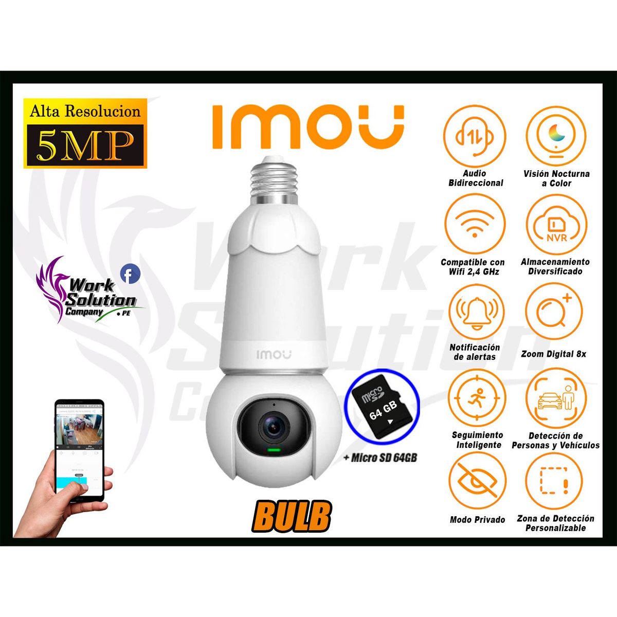 IMOU - Cámara Seguridad Foco Wi-Fi BULB CAM 5MP 360° Noche Color + SD 64GB