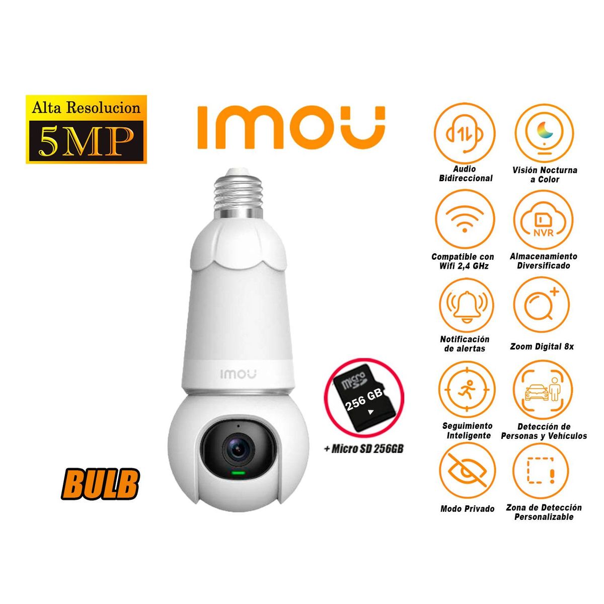 IMOU - Cámara Seguridad Foco WiFi BULB CAM 5MP 360° Noche Color + SD 256GB