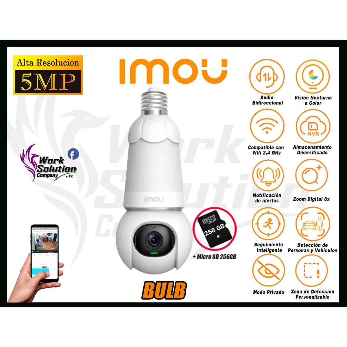 IMOU - Cámara Seguridad Foco WiFi BULB CAM 5MP 360° Noche Color + SD 256GB