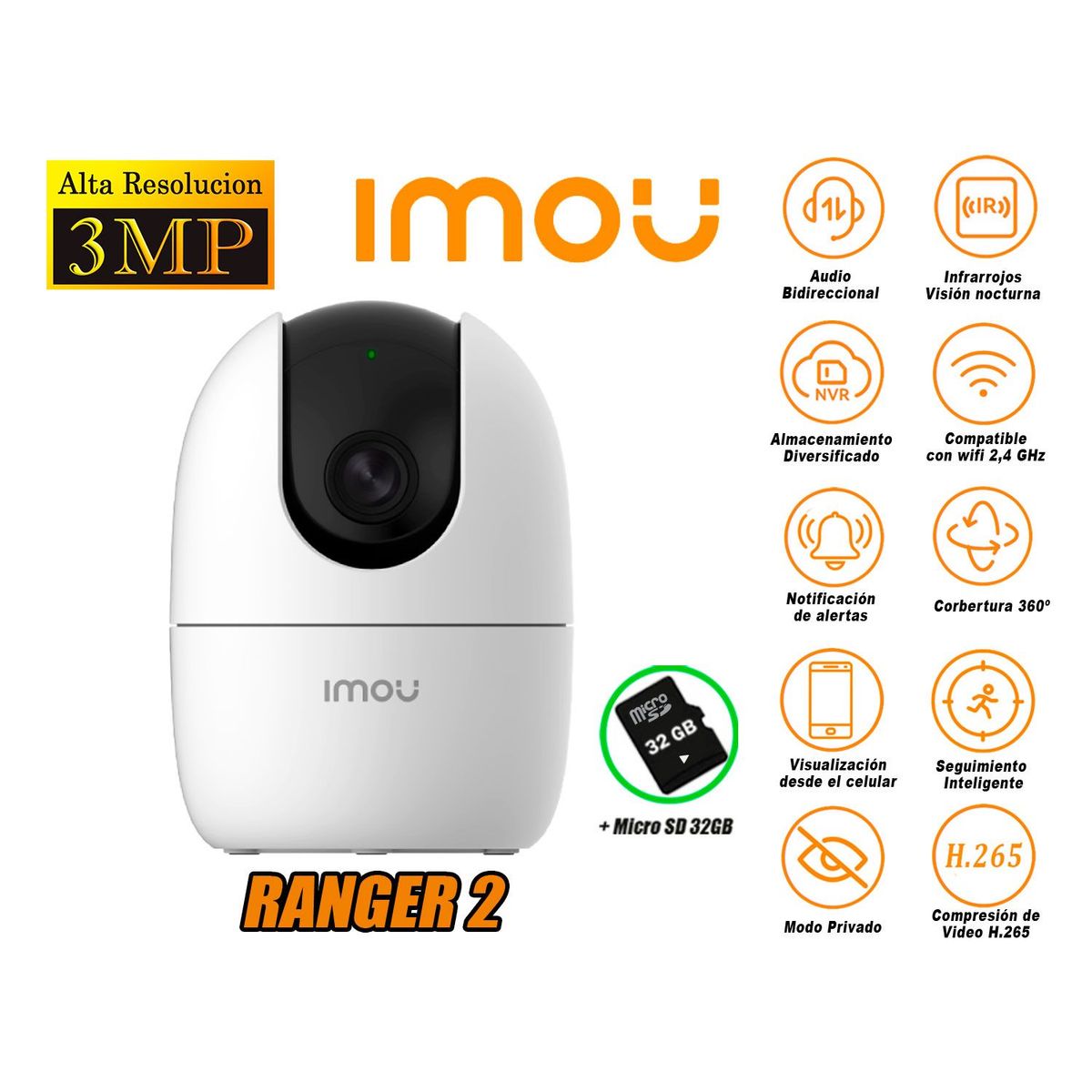 IMOU - Cámara de Seguridad Wi-Fi RANGER 2 Gira 360° 3MP + Micro SD 32GB