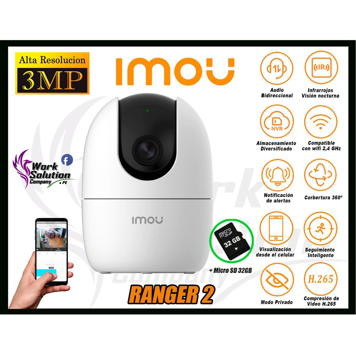 IMOU - Cámara de Seguridad Wi-Fi RANGER 2 Gira 360° 3MP + Micro SD 32GB