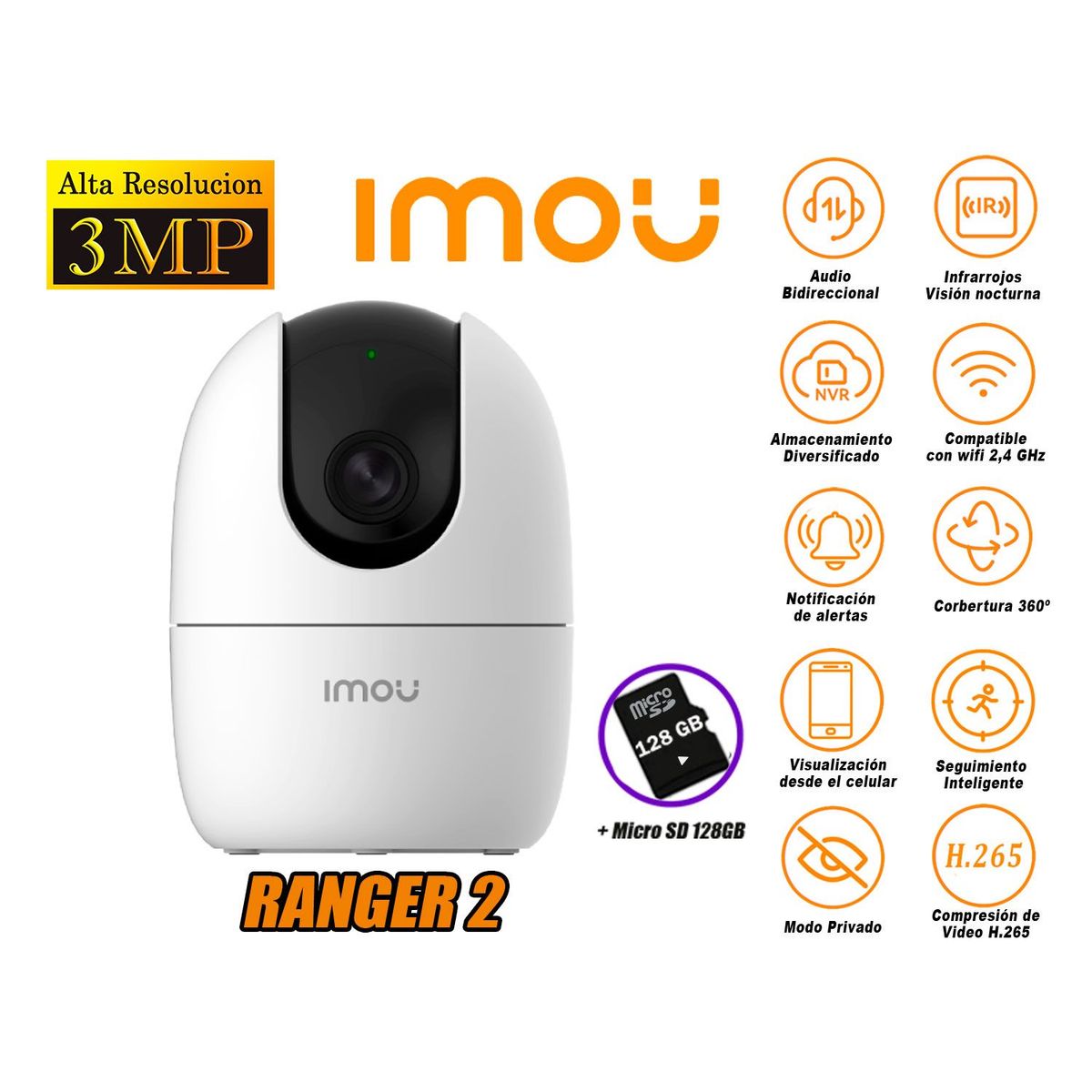 IMOU - Cámara de Seguridad Wi-Fi RANGER 2 Gira 360° 3MP + Micro SD 128GB