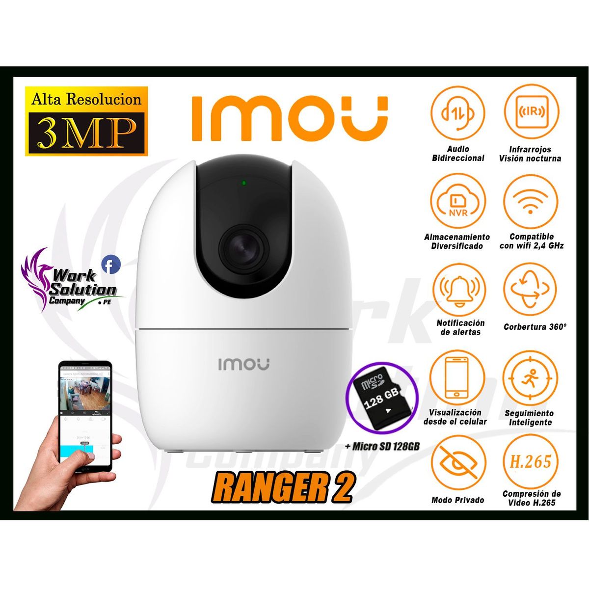 IMOU - Cámara de Seguridad Wi-Fi RANGER 2 Gira 360° 3MP + Micro SD 128GB