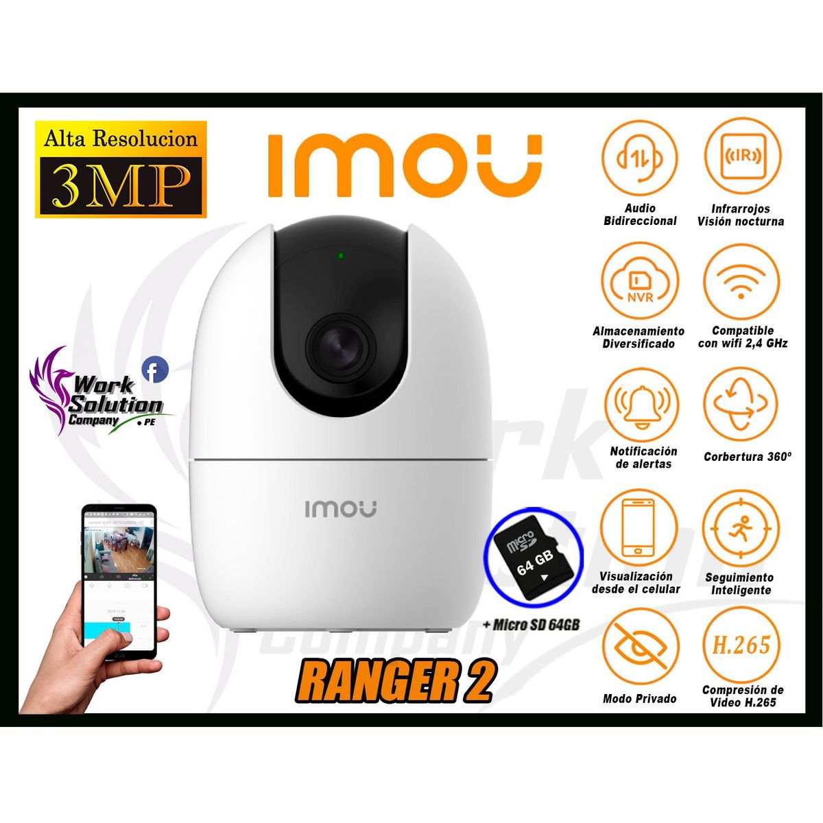 IMOU - Cámara de Seguridad Wi-Fi RANGER 2 Gira 360° 3MP + Micro SD 64GB