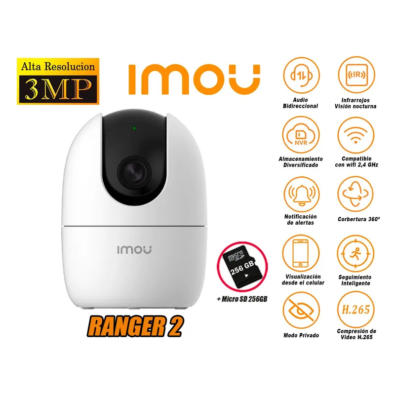 IMOU - Cámara de Seguridad Wi-Fi RANGER 2 Gira 360° 3MP + Micro SD 256GB