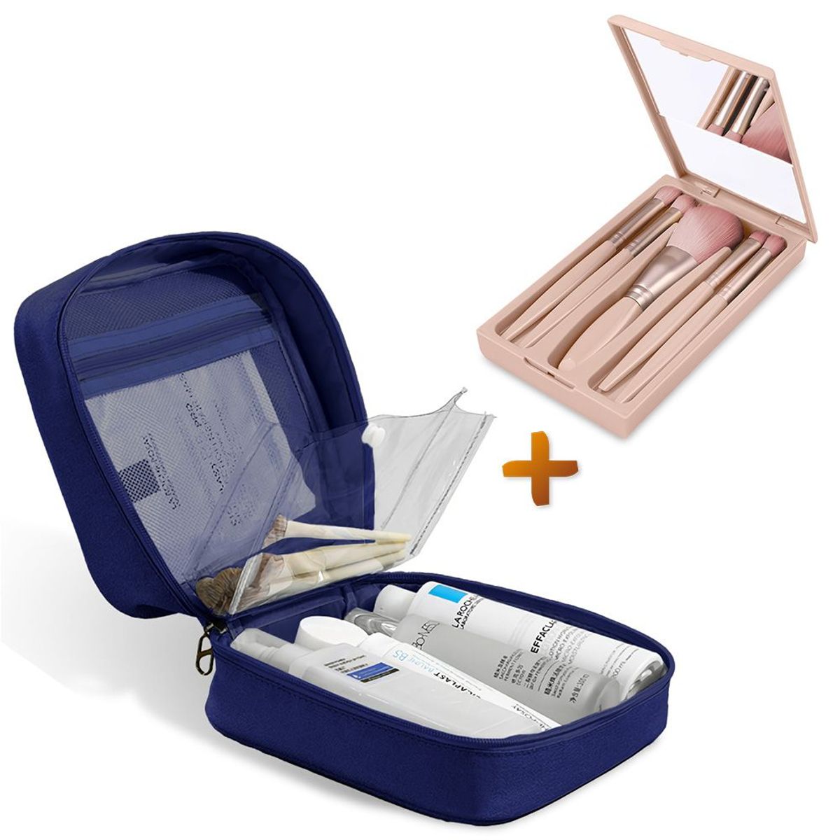 KELLER - Neceser de Maquillaje Bolsa Aseo DD3 AZ Y Set Brochas Espejo B81 CR