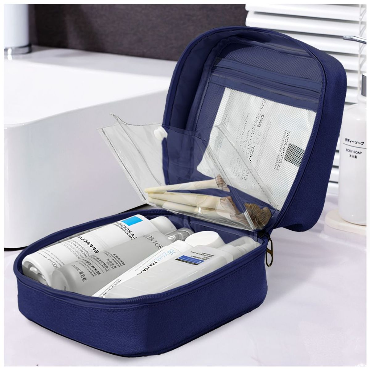 KELLER - Neceser de Maquillaje Bolsa Aseo DD3 AZ Y Set Brochas Espejo B81 CR