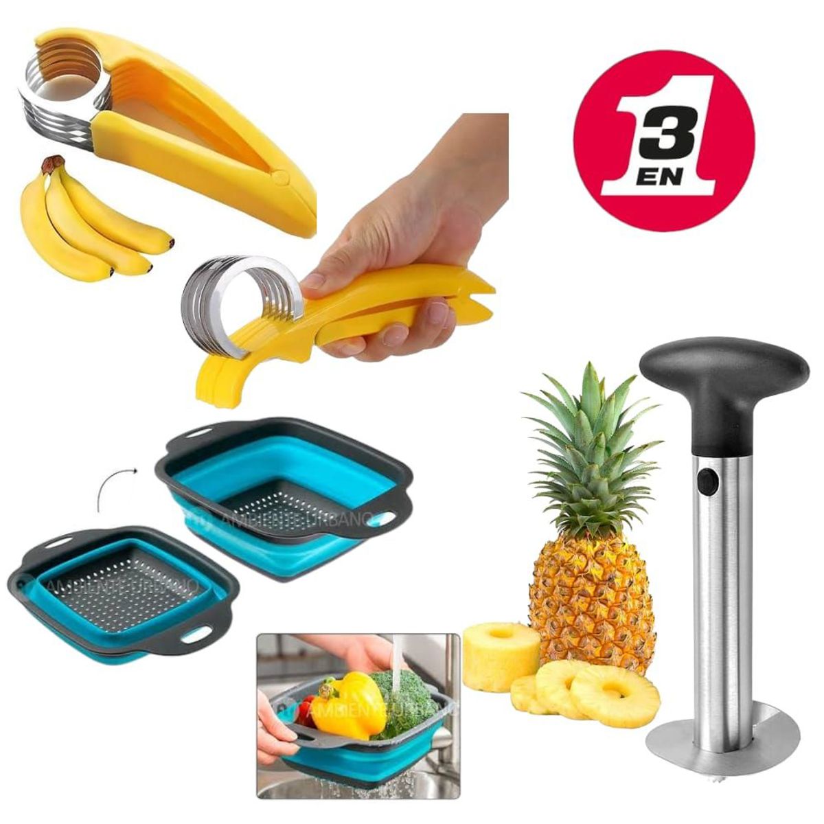 OEM - Combo 3 en 1 Cortador de Piña Platano y Colador Plegable