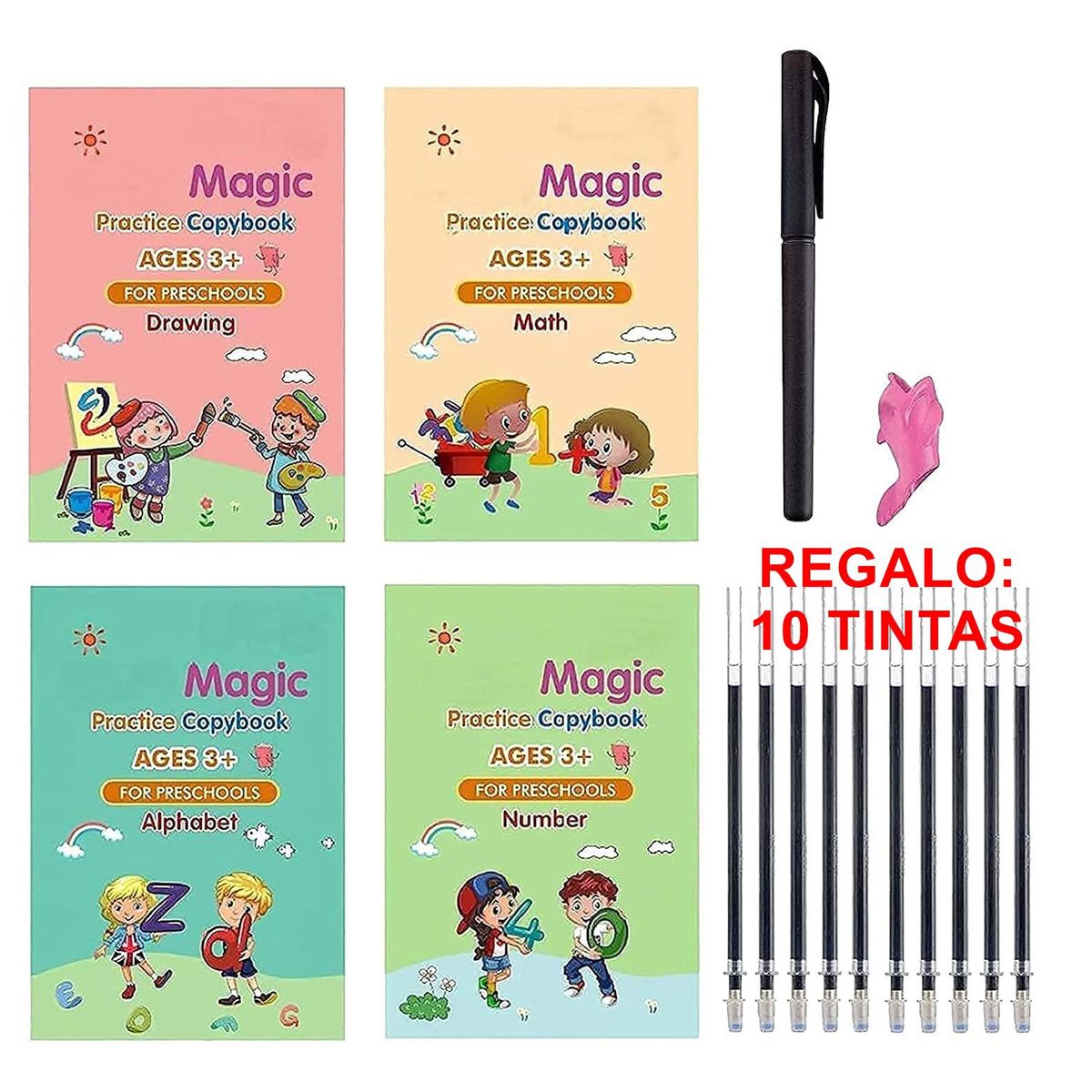 GENERICO - Set 4 Cuadernos de Caligrafia Reutilizables Magico +Regalo