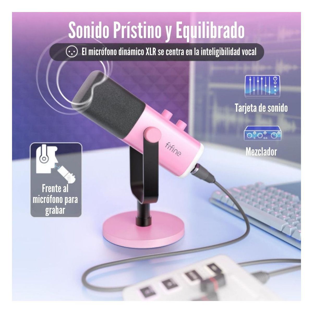 FIFINE - Fifine - Micrófono Ampligame AM8 RGB USBXLR Dynamic - Rosado