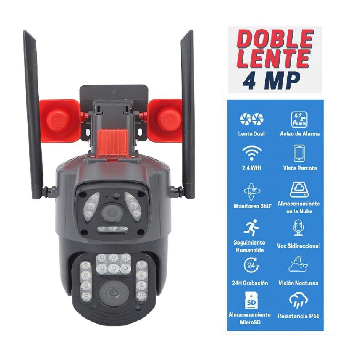 GENERICO - Cámara Q8 Seguridad Doble Lente con Bocina Alarma 4MP IP Wifi