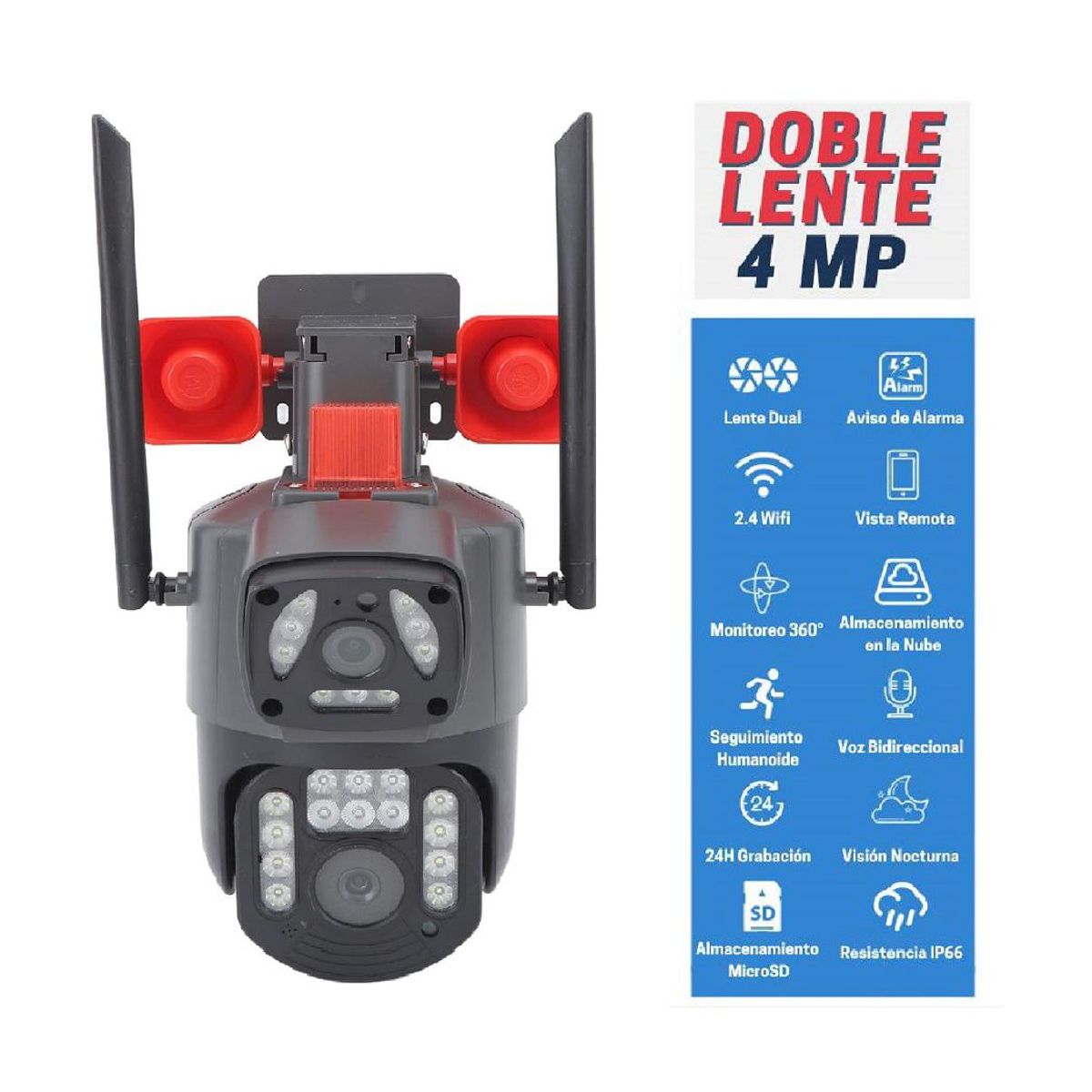 GENERICO - Cámara Q8 Seguridad Doble Lente con Bocina Alarma 4MP IP Wifi