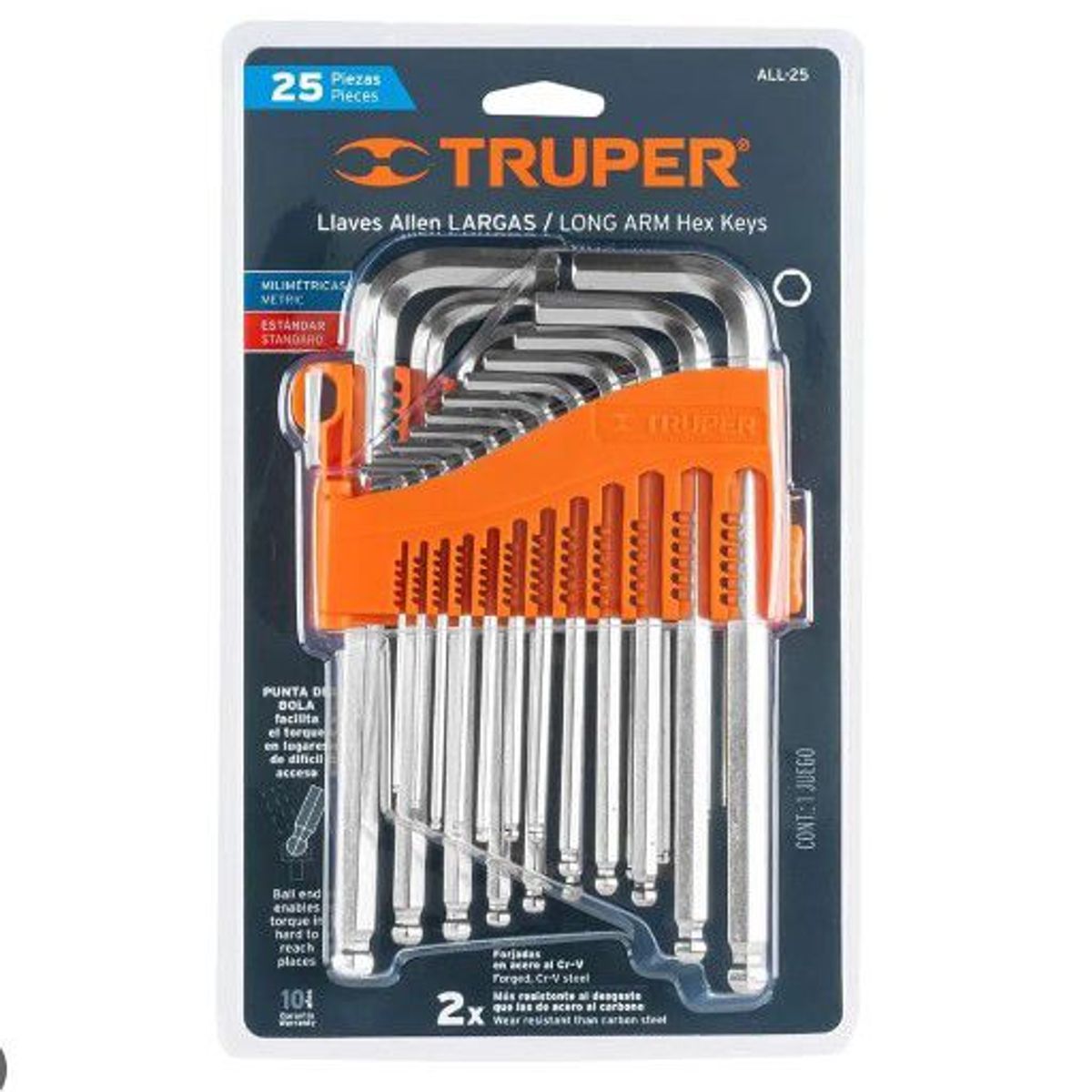 TRUPER - Juego 25 llaves allen largas std y mm punta bola,organizador TRUPER 15572