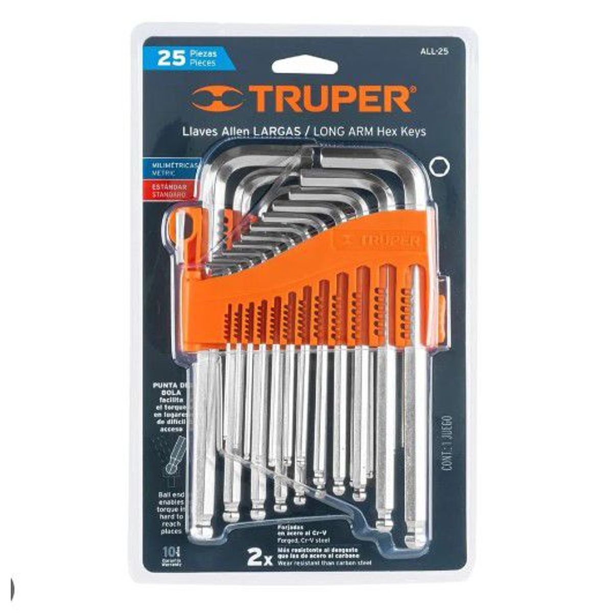 TRUPER - Juego 25 llaves allen largas std y mm punta bola,organizador TRUPER 15572
