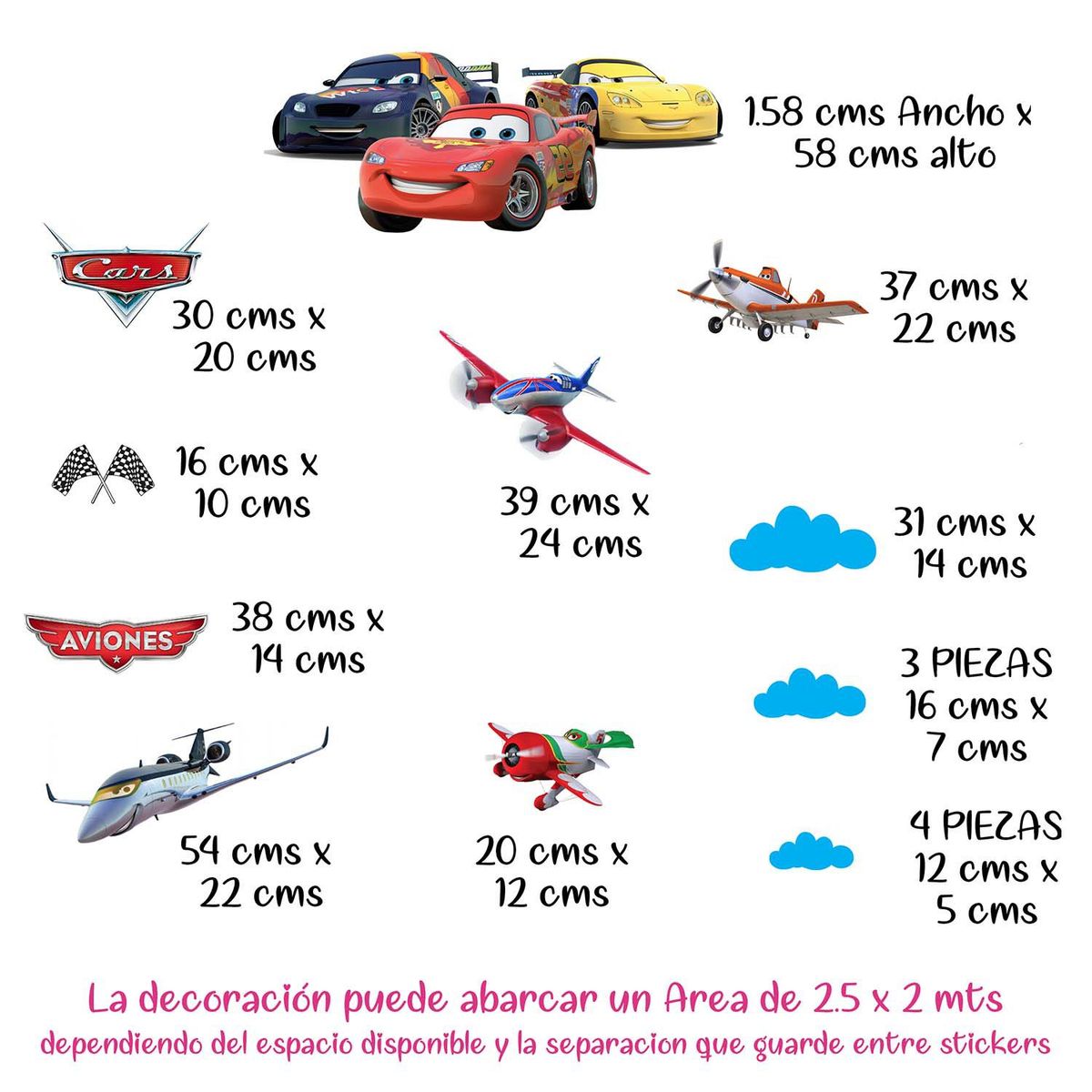 GENERICO - Decoración Infantil Vinil Premium  Cars Mcqueen y Aviones  Full Color y Larga duracion