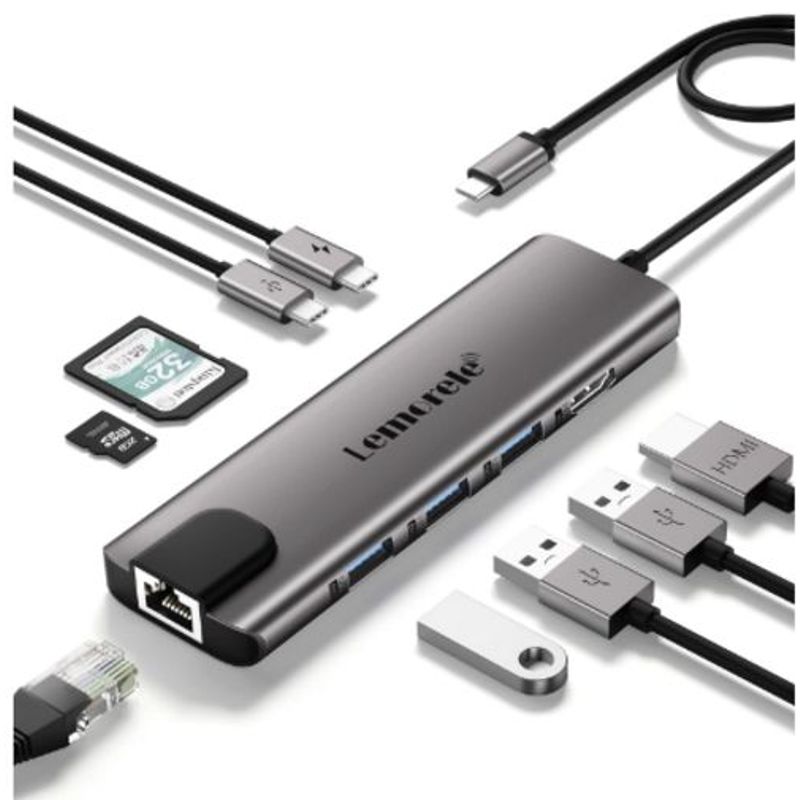GENERICO - Adaptador USB-C Multipuerto USB C 9 en 1 Ethernet + HDMI + USB + USB-C