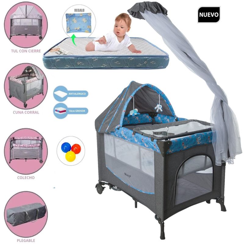 EBABY - Cuna Corral Dacora Azul y Colchón Gris con Pelotas