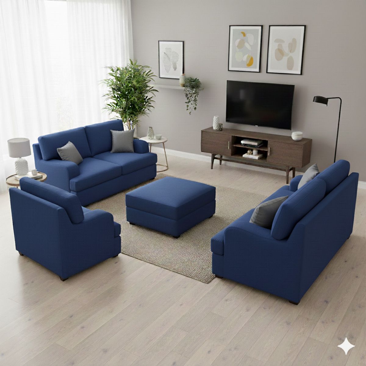 GENERICO - Juego de Sala Athina 3-2-1 Azul + 1 Banqueta