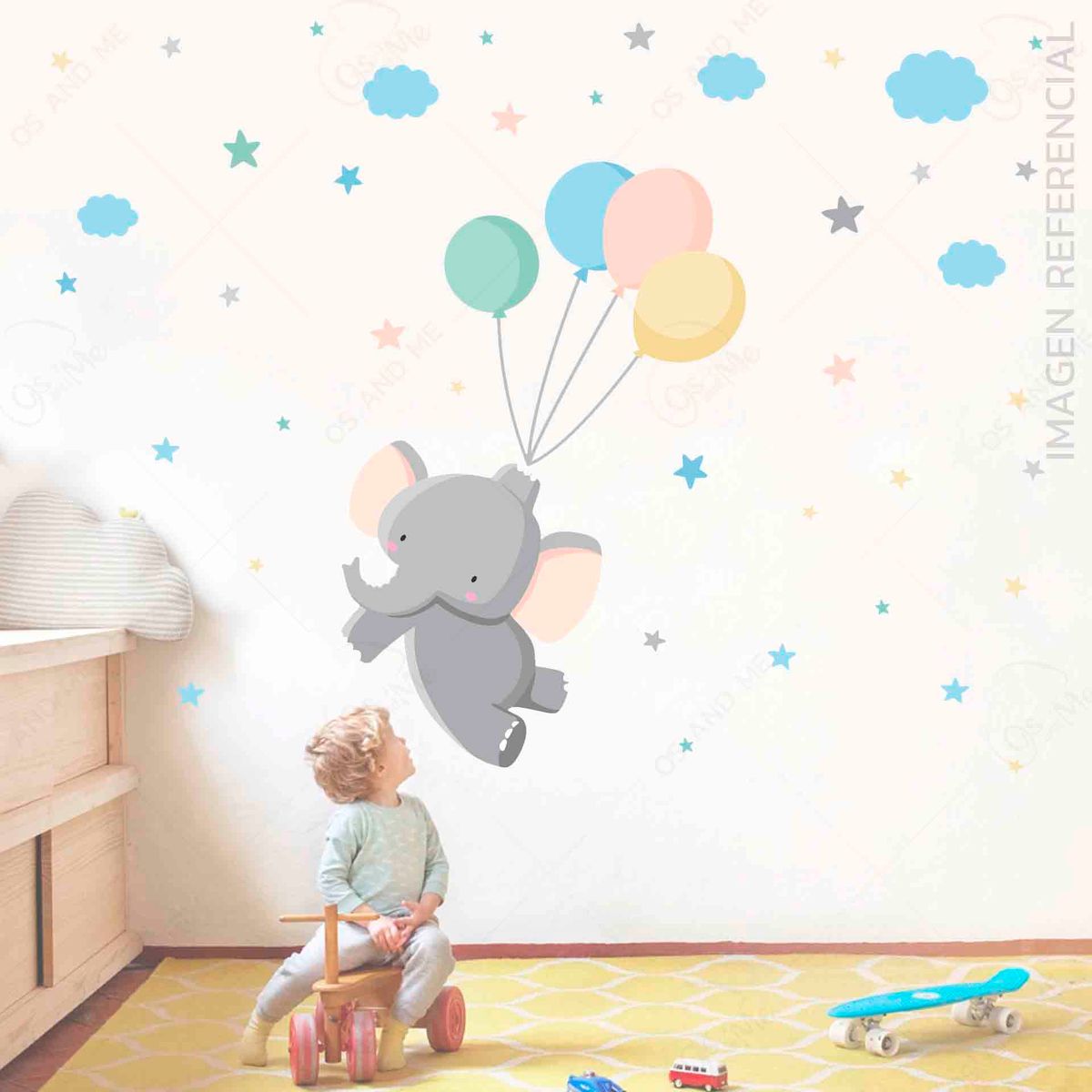 GENERICO - Vinilo Infantil Elefantes globos y estrellas decoracion para niños