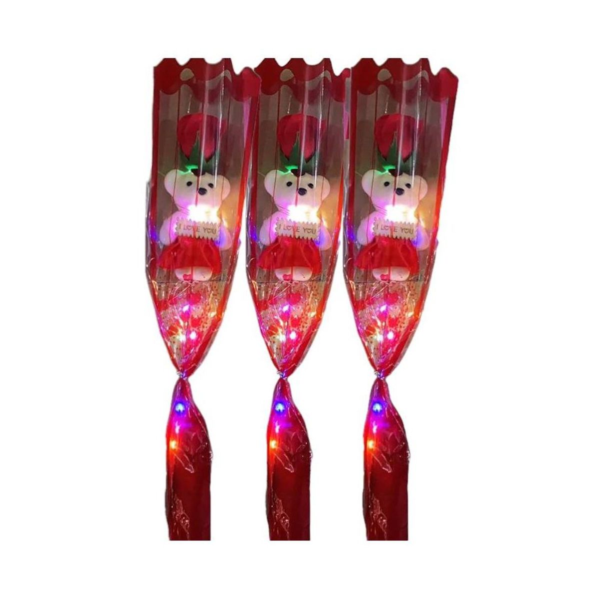 GENERICO - Kit 3 Rosas roja de regalo con osito y luces de amor