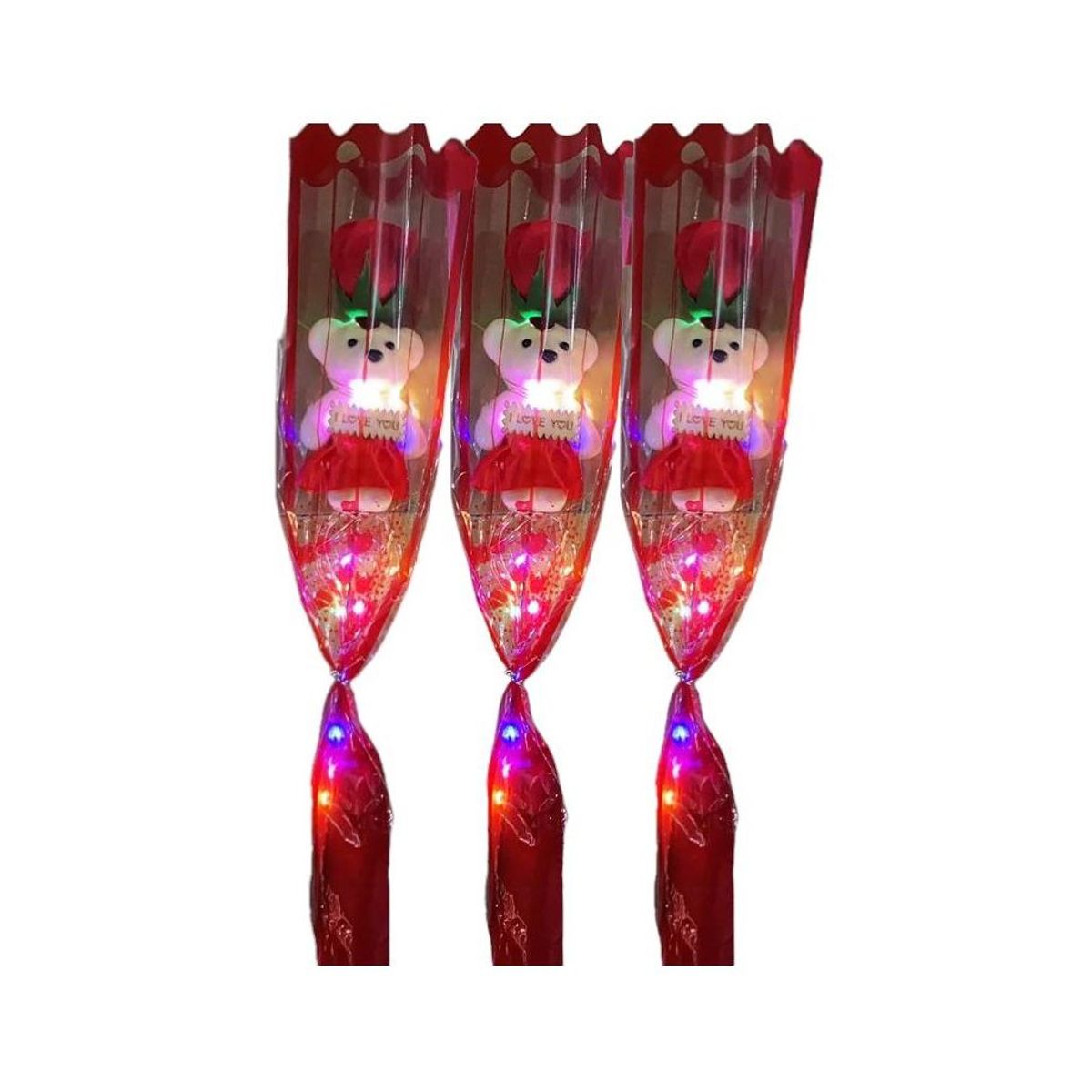 GENERICO - Kit 3 Rosas roja de regalo con osito y luces de amor