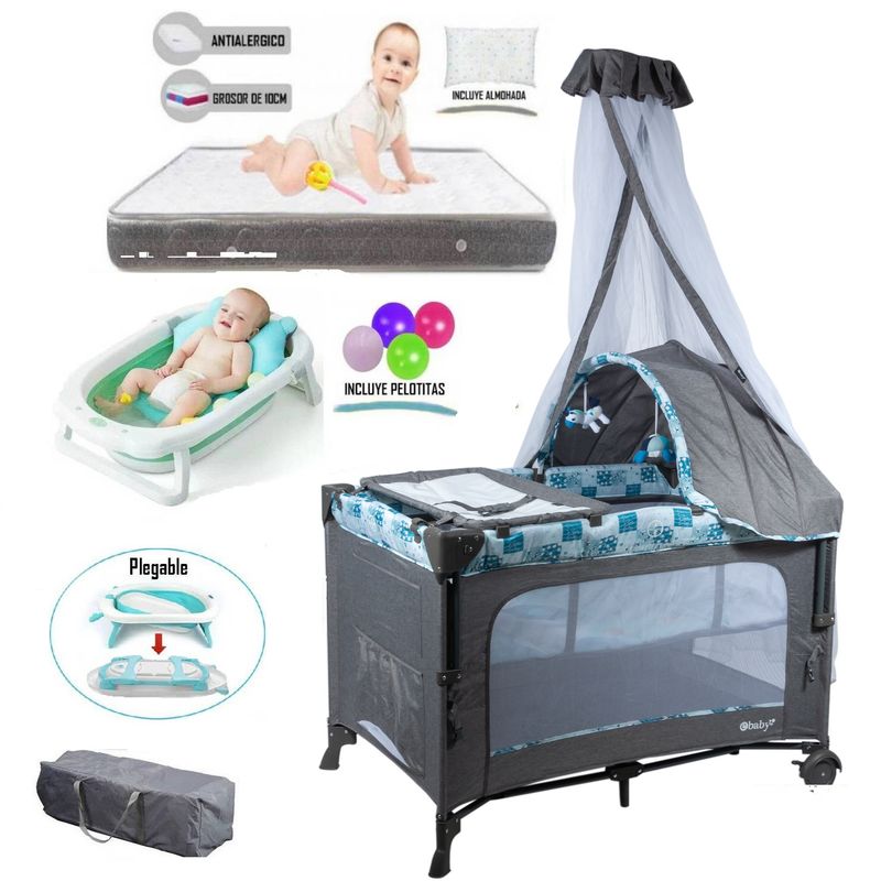 EBABY - Cuna corral Dacora GA y Colchón Plomo y Tina Azul