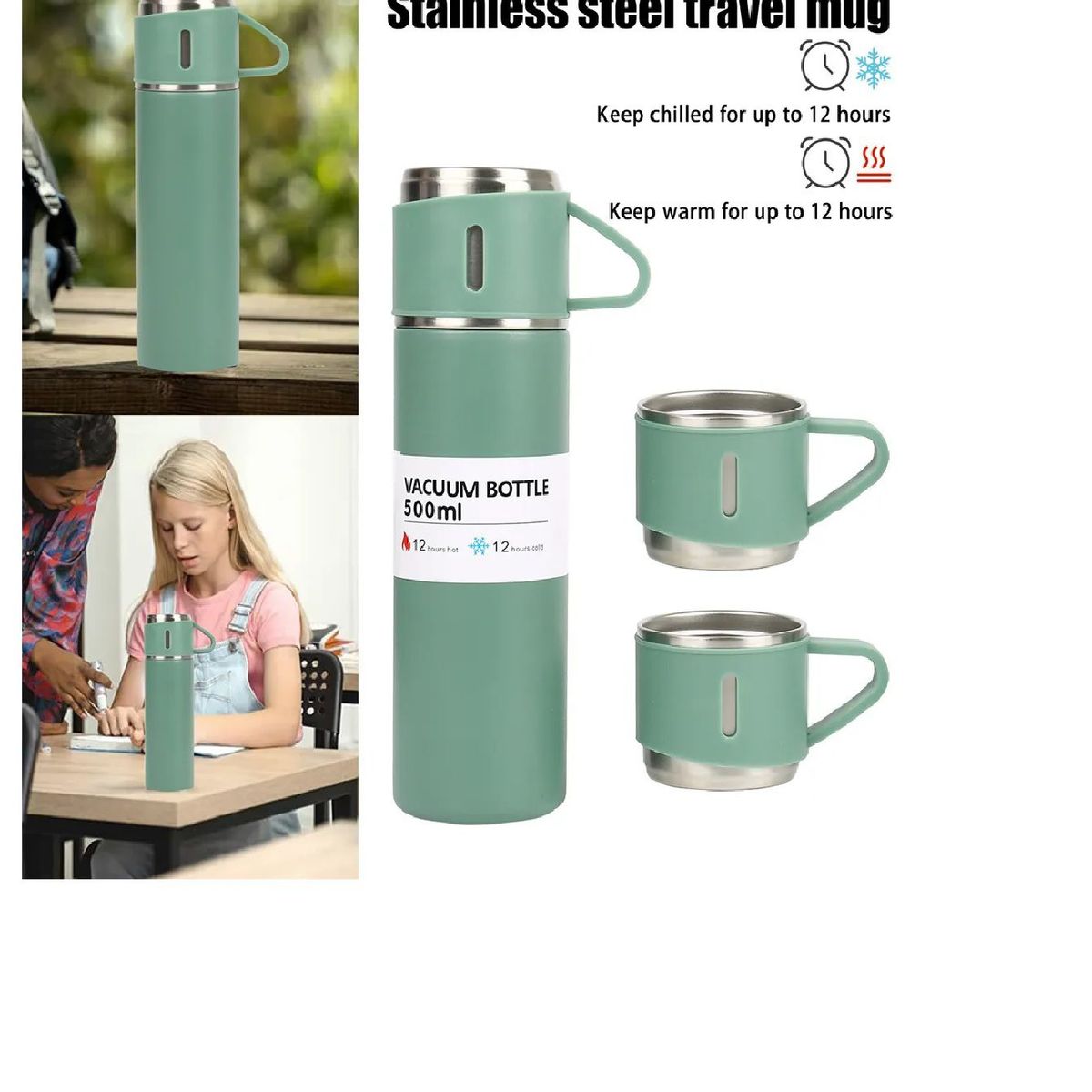 GENERICO - SET DE TERMO 3 PIEZAS DE ACERO INOXIDABLE 500 ML