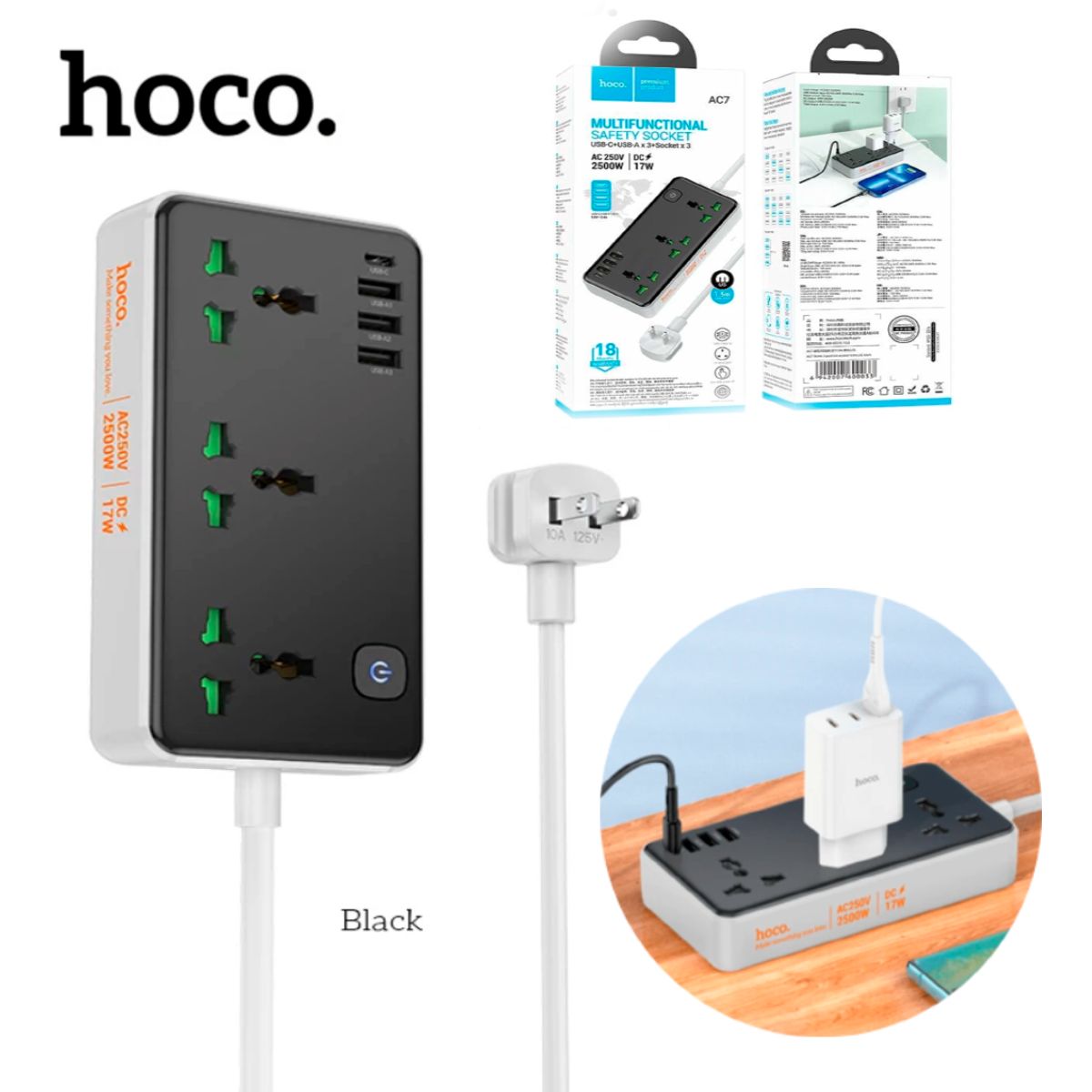 HOCO - Extension Toma Corriente HOCO Cargador Type C Carga Rapida 17W HOCO AC7