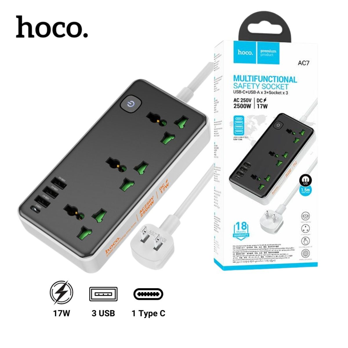 HOCO - Extension Toma Corriente HOCO Cargador Type C Carga Rapida 17W HOCO AC7